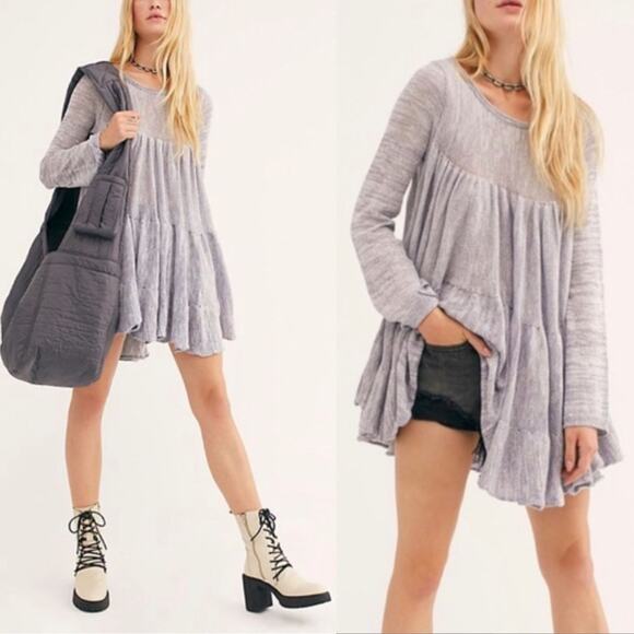 Free People Midnight Ruffle Babydoll Tunic Top XS Oversized Tiered Open Knit - Picture 1 of 12